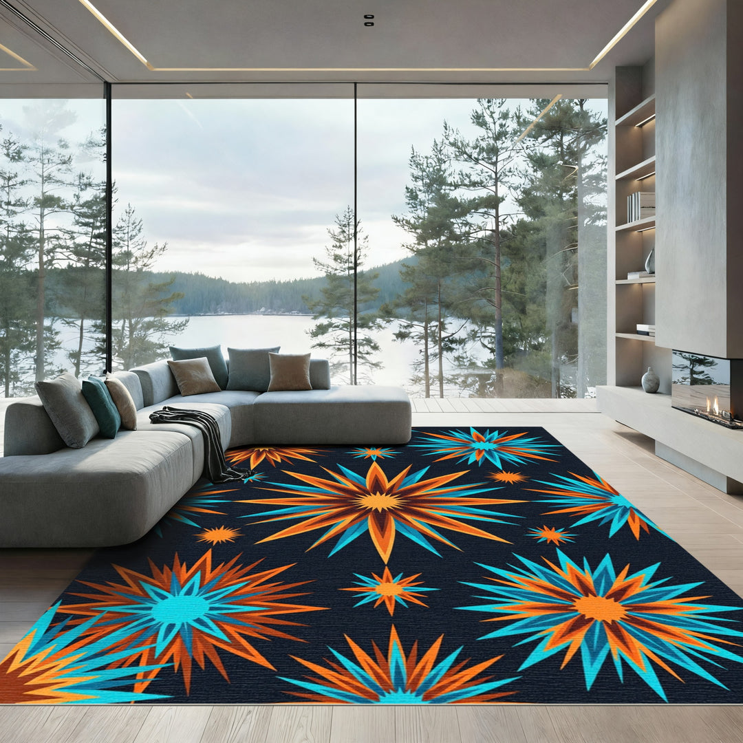 Vibrant Orange Blue Starburst Rug