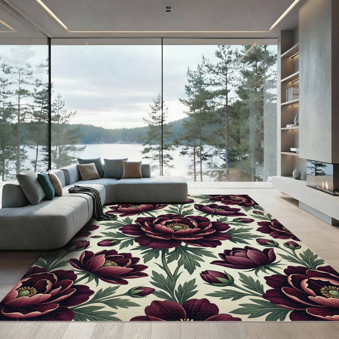 Deep Burgundy Floral Botanical Garden Rug