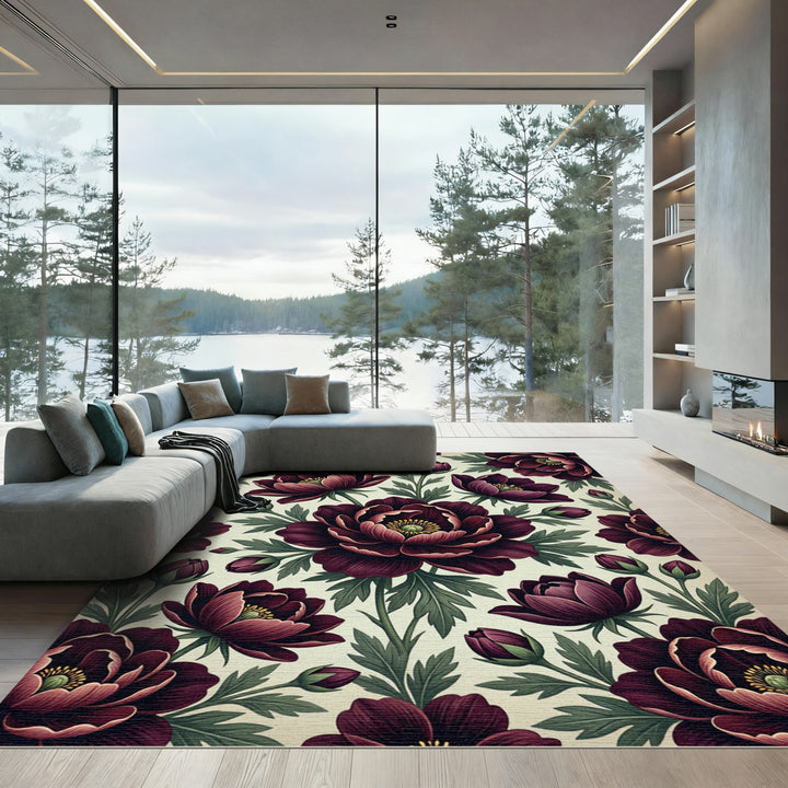 Deep Burgundy Floral Botanical Garden Rug