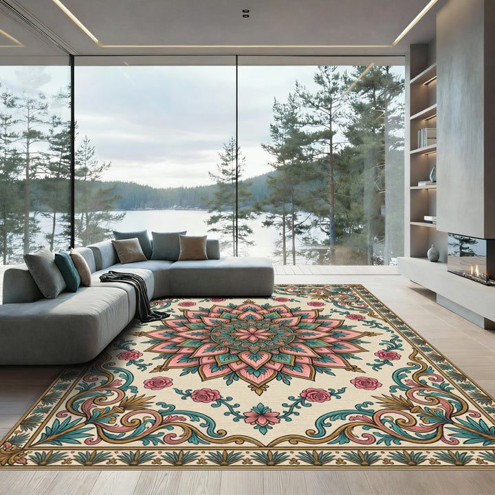 Vintage Pink Teal Floral Medallion Rug