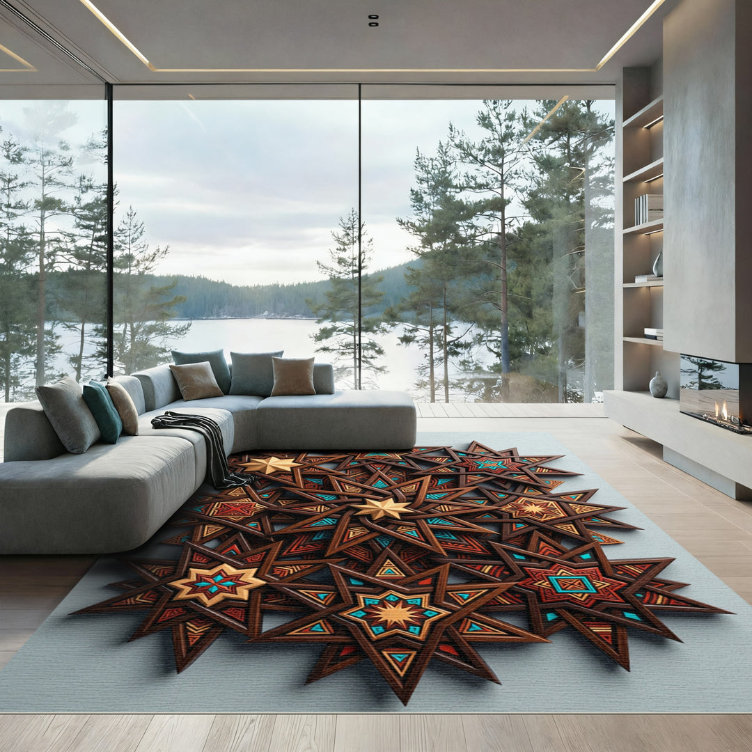 Geometric Wood Star Inlay Abstraction Rug