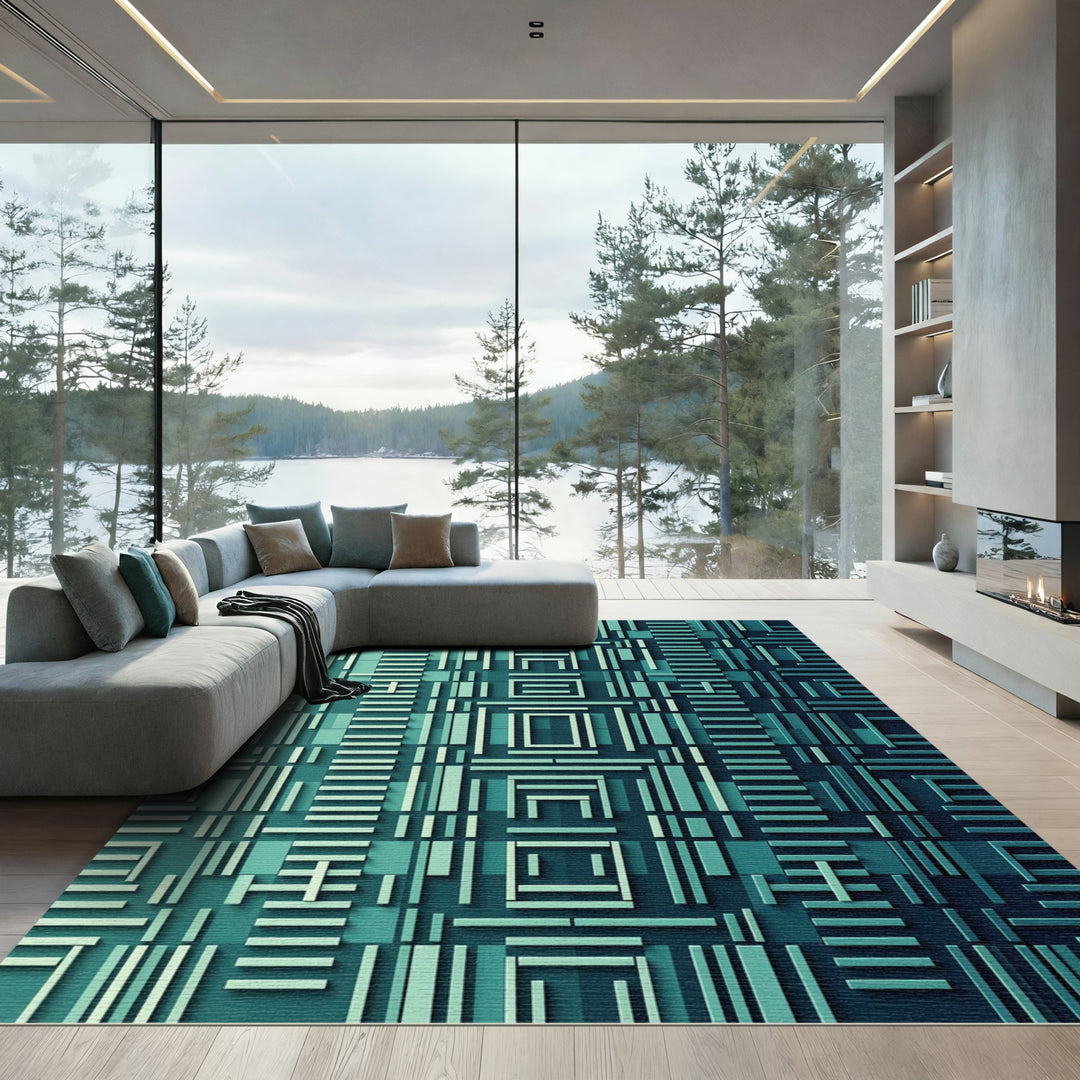 Teal Geometric Architectural Abstract Rug