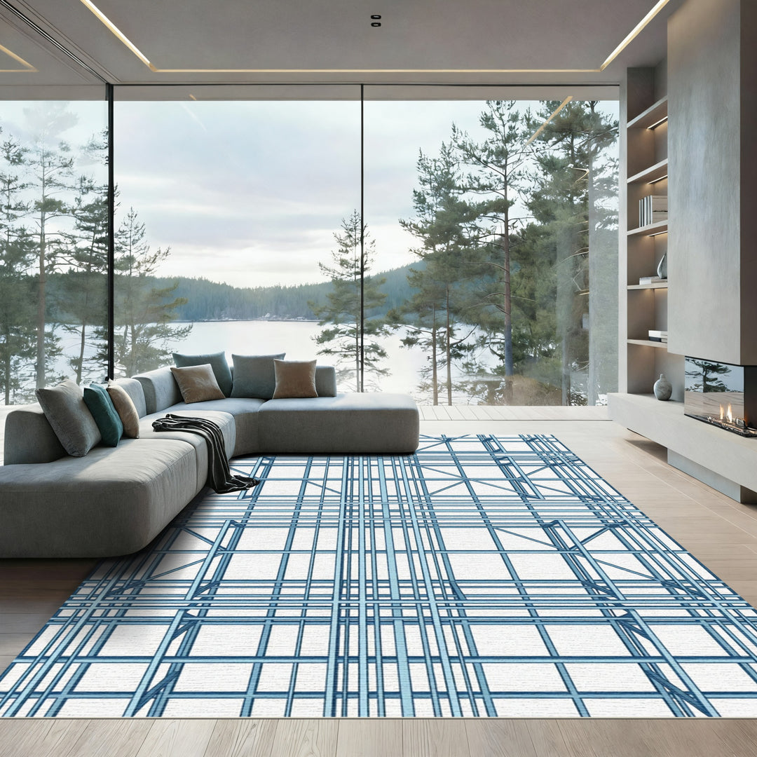 Blue Geometric Wireframe Structure Rug