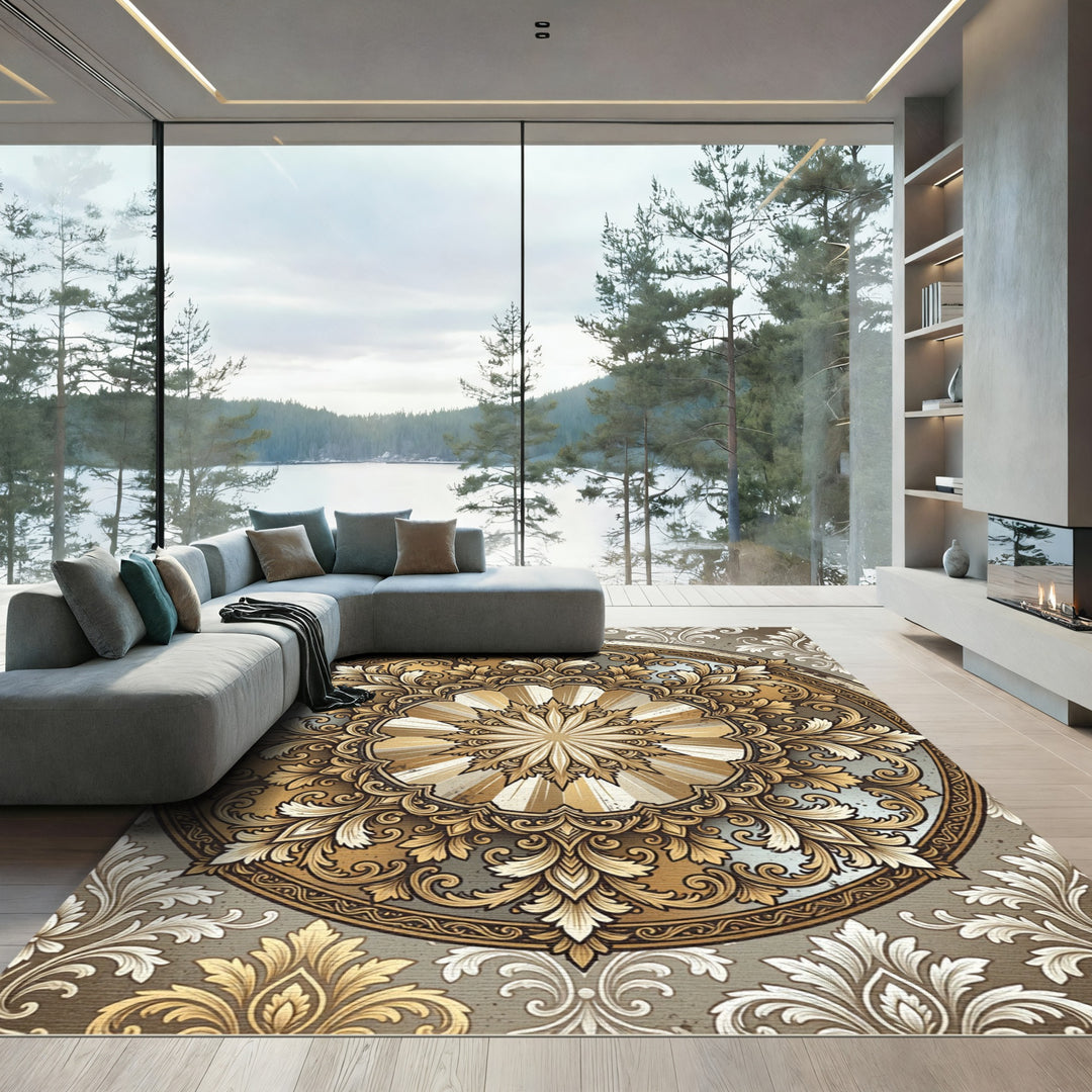 Ethereal Golden Baroque Mandala Rug