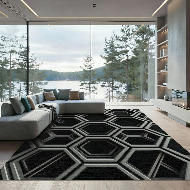 Charcoal Gray Geometric Honeycomb Rug