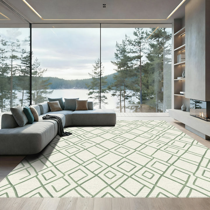 Earthy Green Hand Drawn Diamond Grid Rug