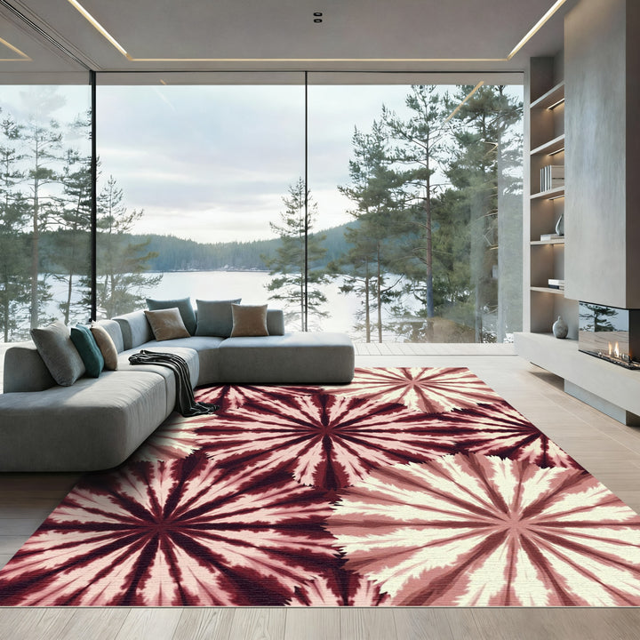 Crimson Beige Sunburst Radiating Rug