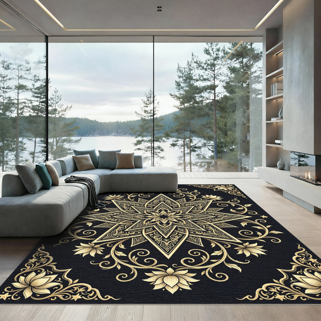 Golden Star Mandala Floral Rug