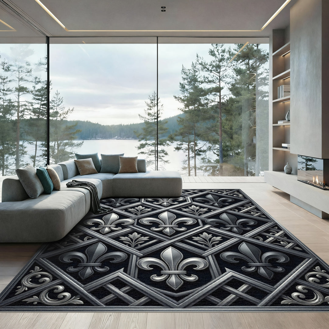 Elegant Silver Fleur-de-lis Lattice Rug