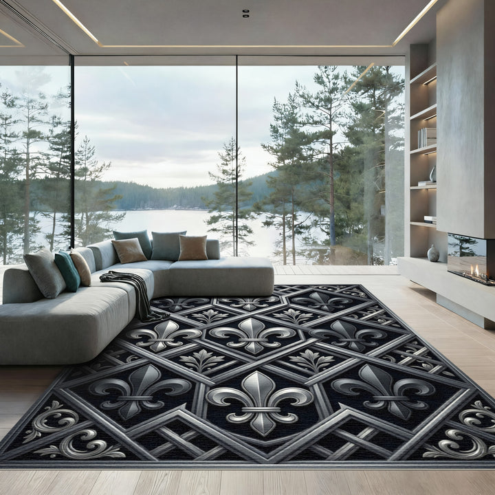 Elegant Silver Fleur-de-lis Lattice Rug