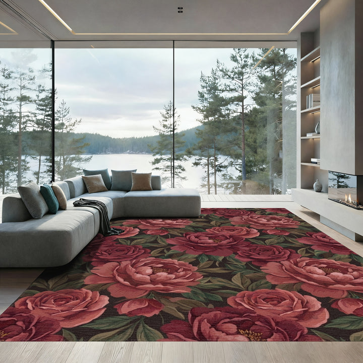 Deep Red Floral Garden Bloom Rug