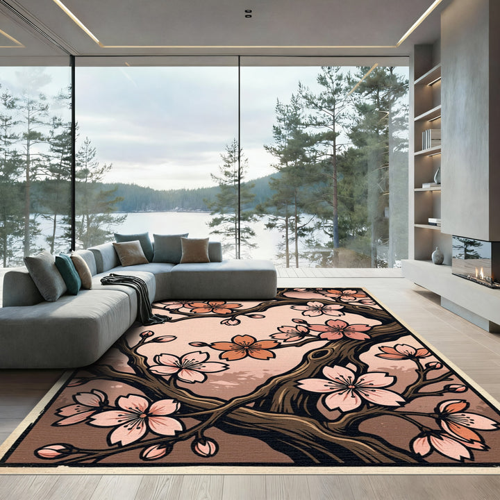 Pink Cherry Blossom Branch Artwork Rug