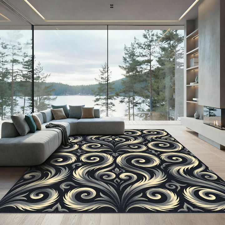 Elegant Black Swirl Floral Rug