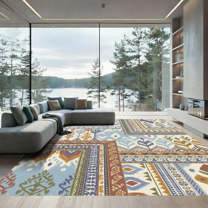 Patchwork Blue and Ochre Ikat Floral Rug