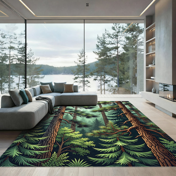 Verdant Forest Trees Evergreen Woodland Rug