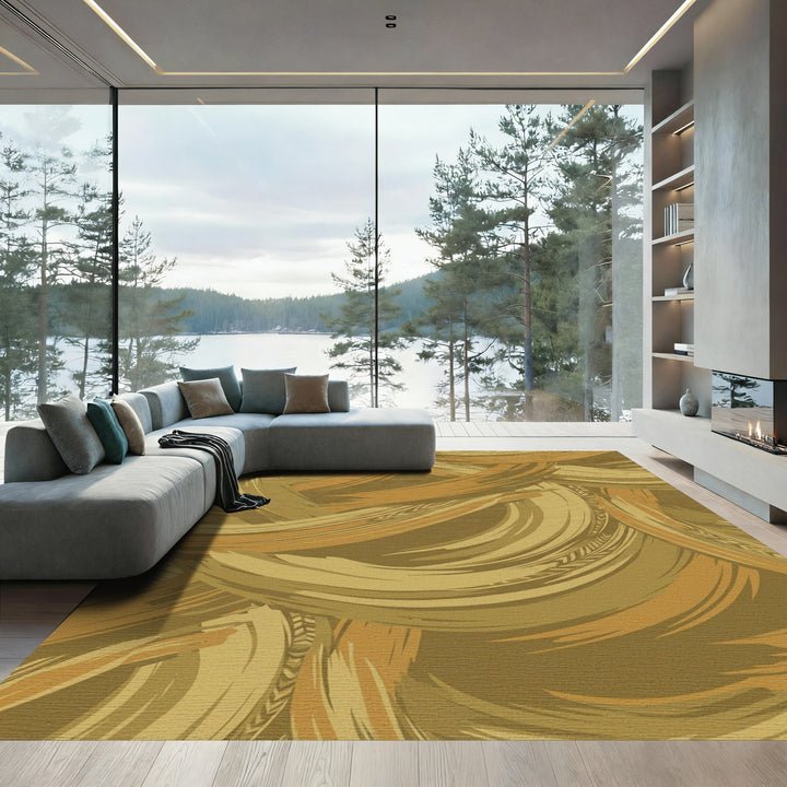 Earthy Gold Brushstroke Swirl Rug