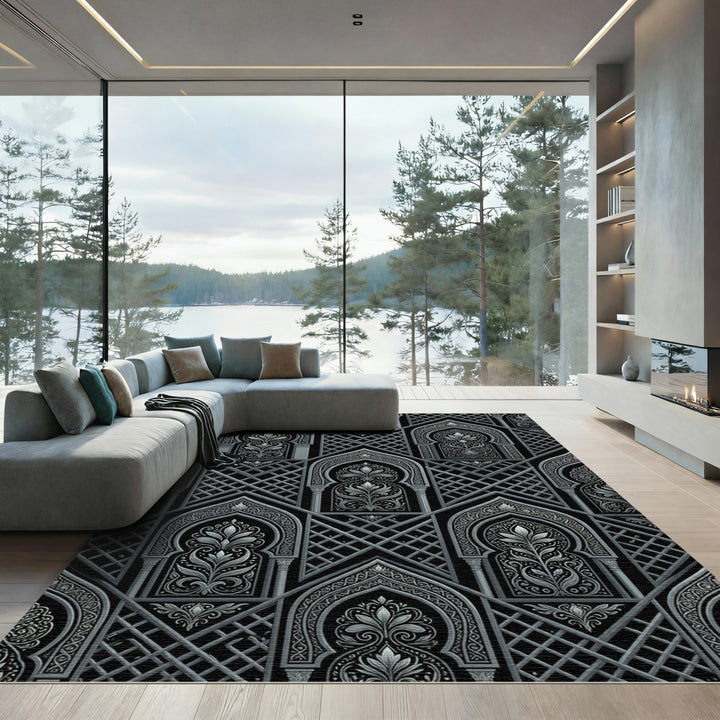 Monochromatic Arabesque Arch Lattice Rug