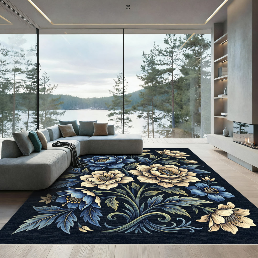 Dark Blue Cream Floral Botanical Accents Rug
