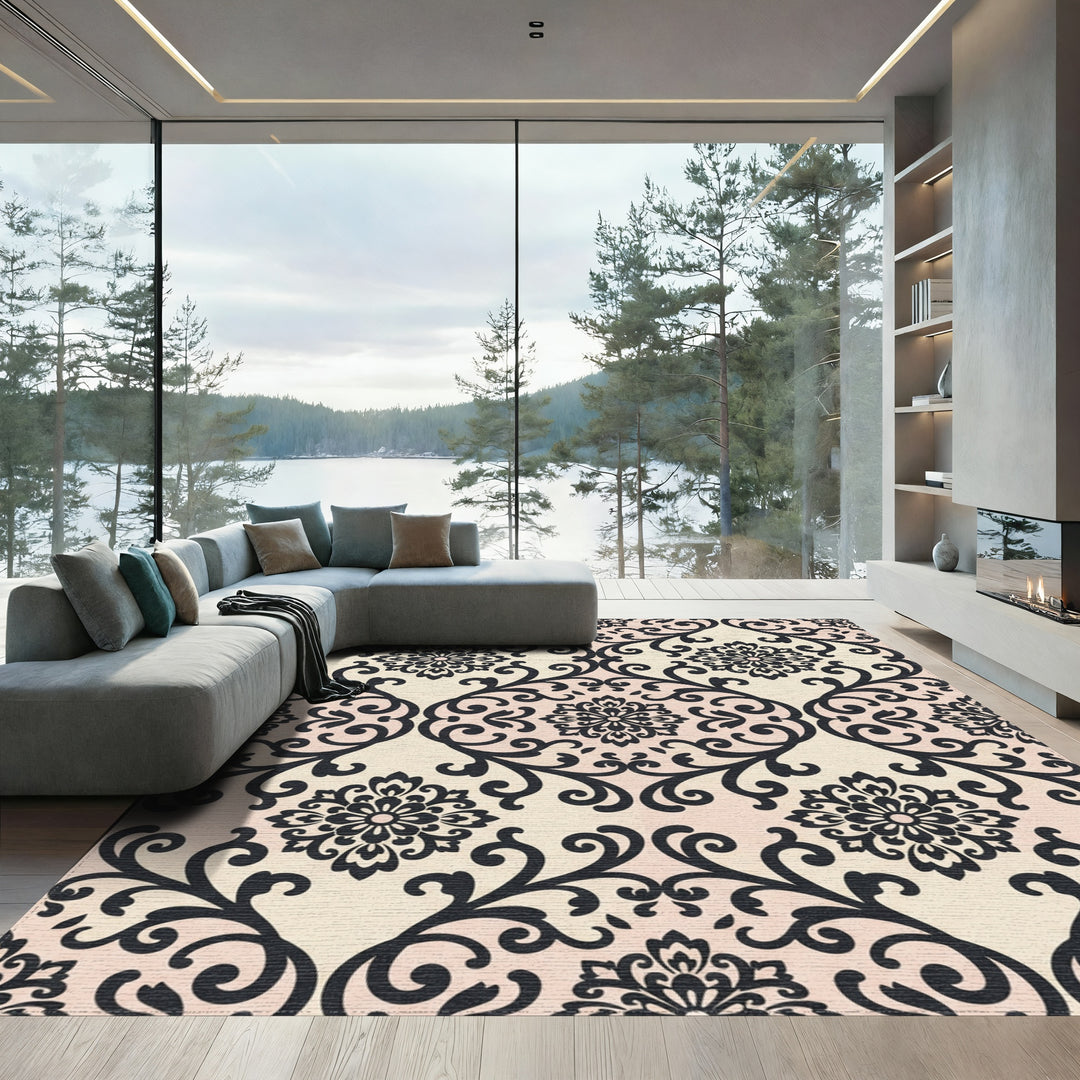 Elegant Black Floral Damask Cream Rug