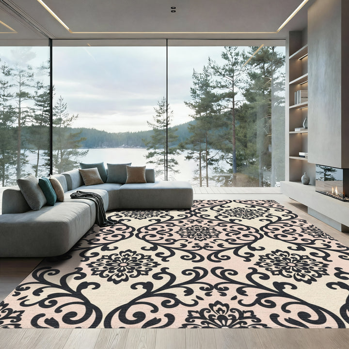 Elegant Black Floral Damask Cream Rug