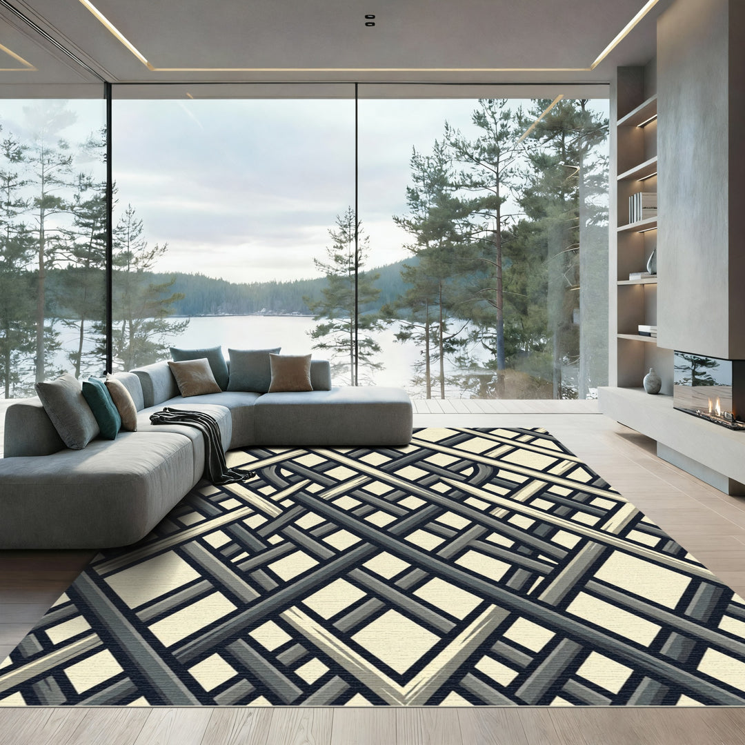 Modern Gray Interlocking Lattice Rug