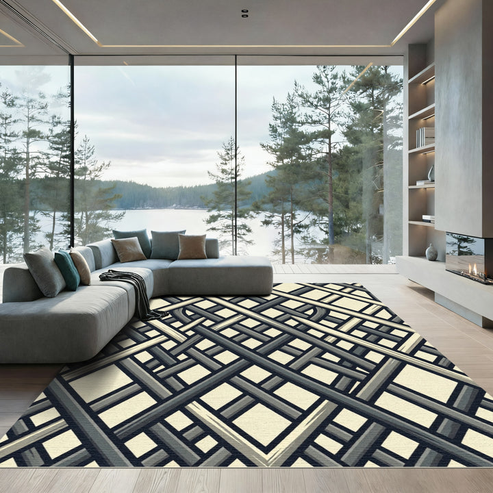 Modern Gray Interlocking Lattice Rug