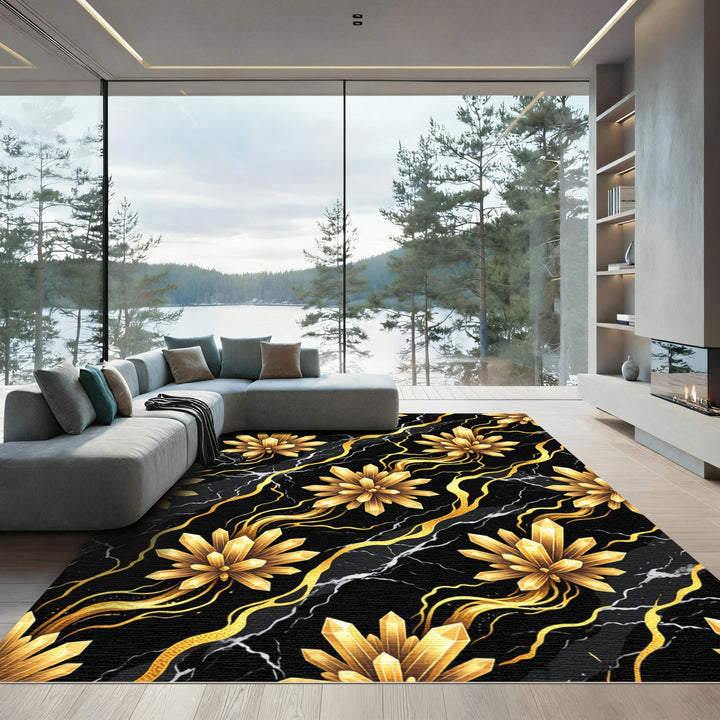 Golden Crystal Burst Marble Waves Rug