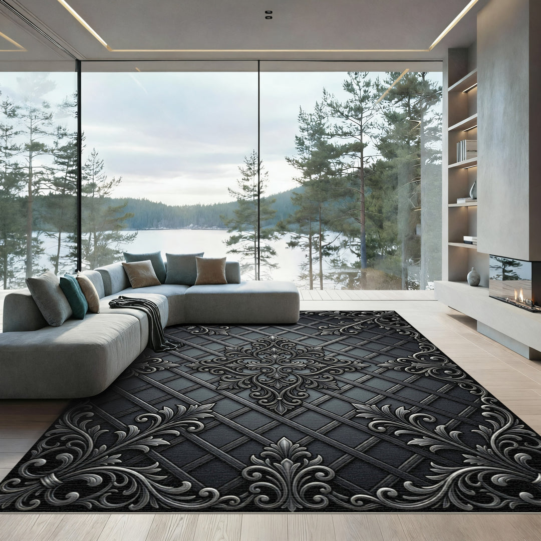 Charcoal Filigree Lattice Scrollwork Rug