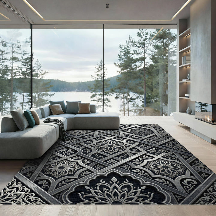 Intricate Silver Arabesque Geometric Rug