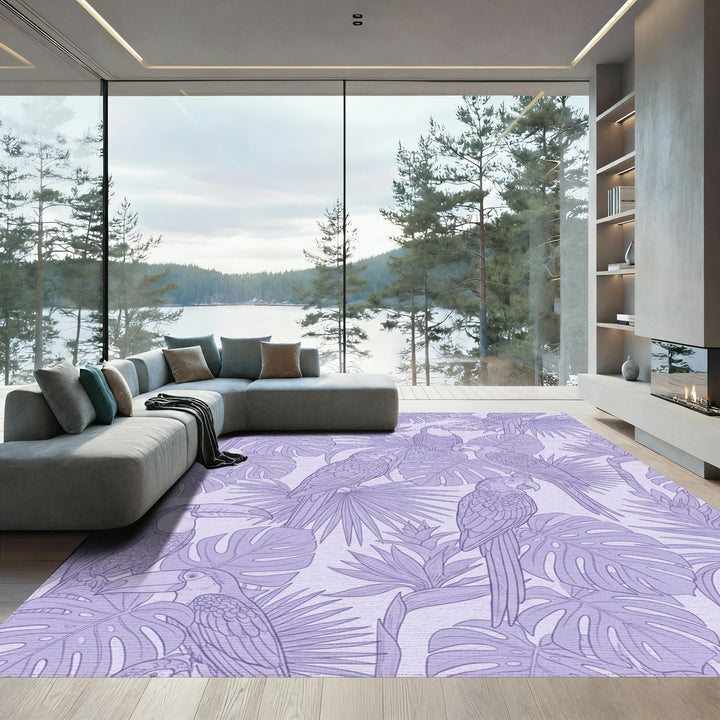 Periwinkle Macaws Toucans Tropical Leaves Rug