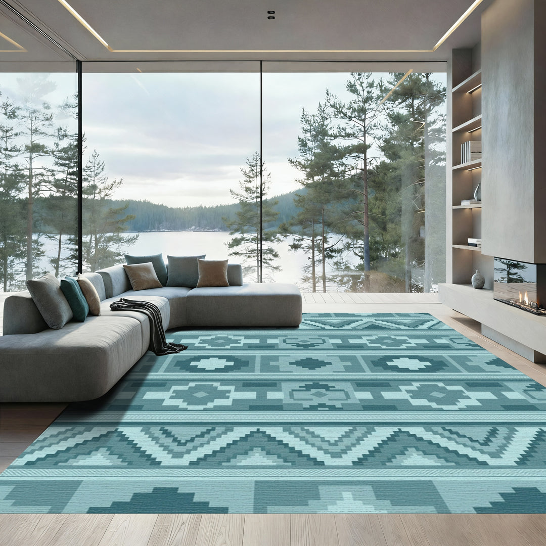Teal Geometric Staircase Medallion Rug