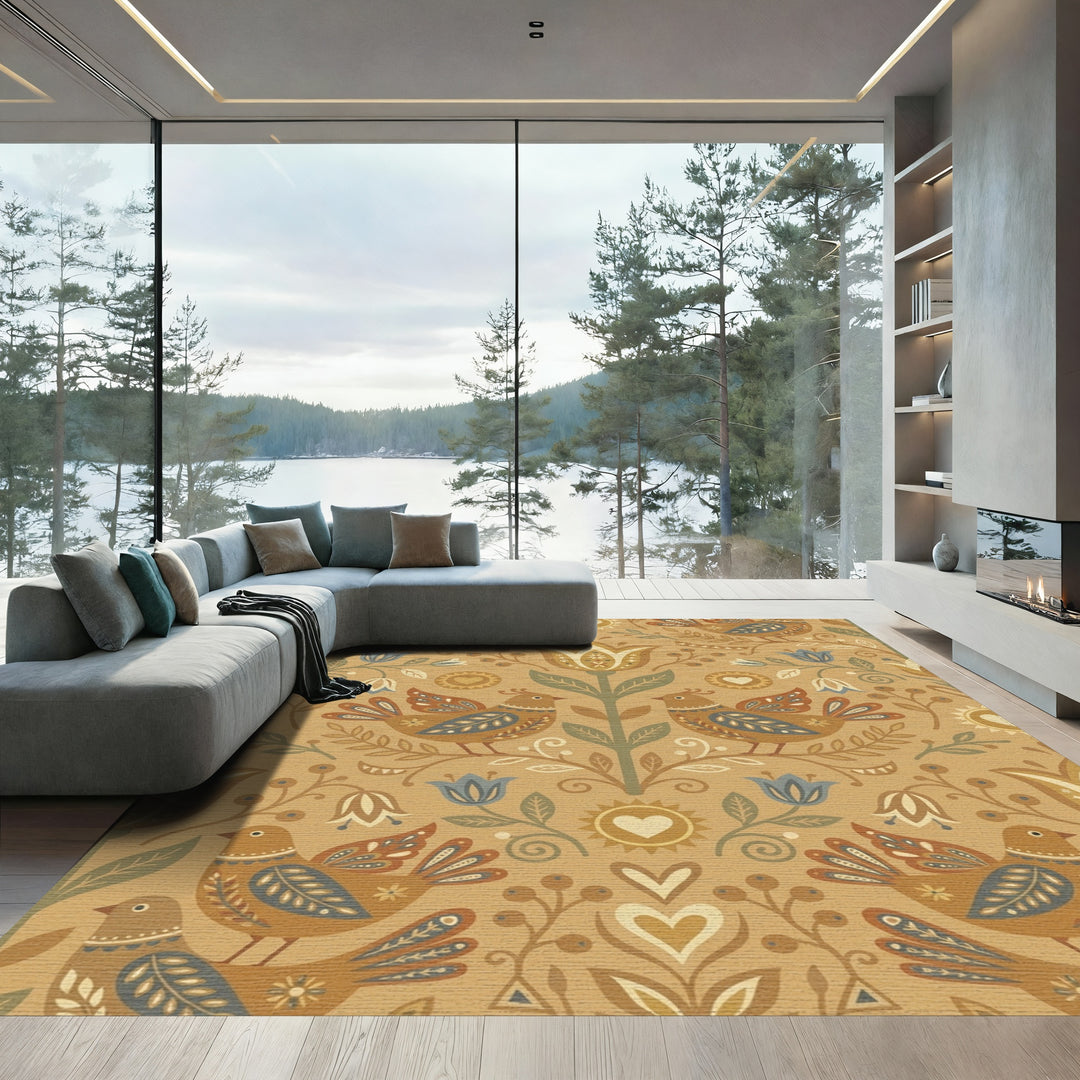 Folk Art Inspired Birds Floral Ochre Rug