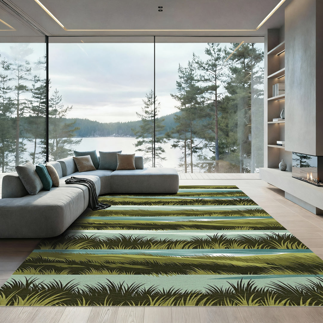 Serene Green Riverside Landscape Rug