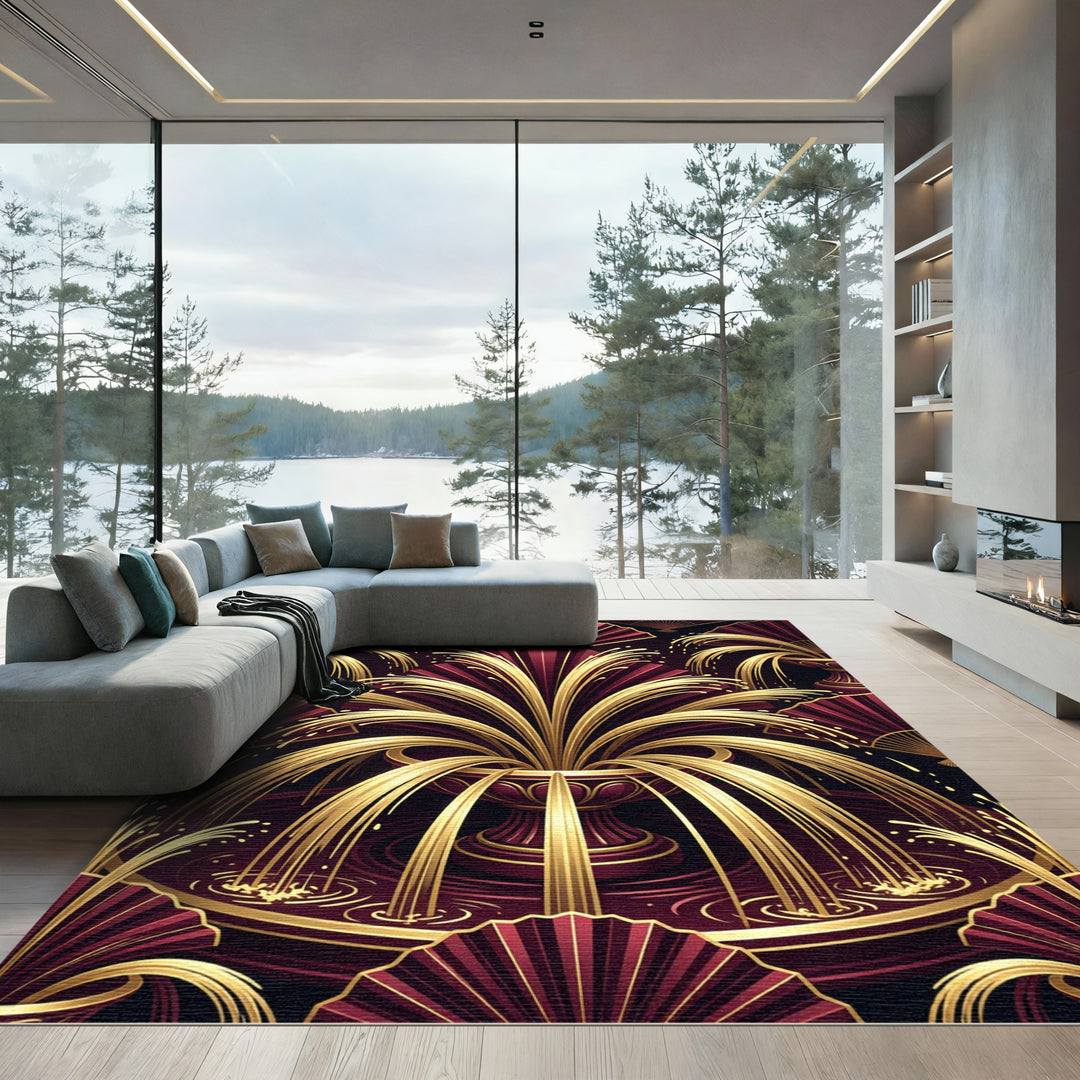 Crimson Gold Fountain Fan Symmetry Rug