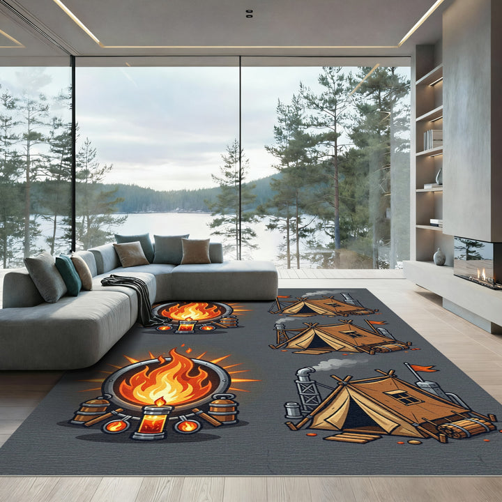 Cozy Campfire And Tent Illustration Rug