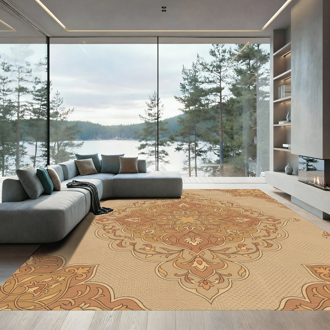 Terracotta Golden Floral Filigree Medallion Rug