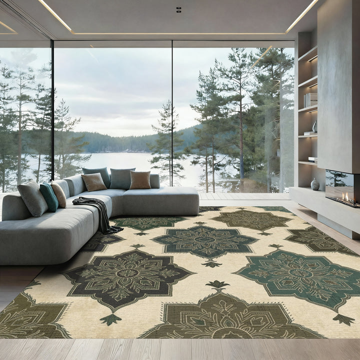 Earthy Green Slate Medallion Texture Rug