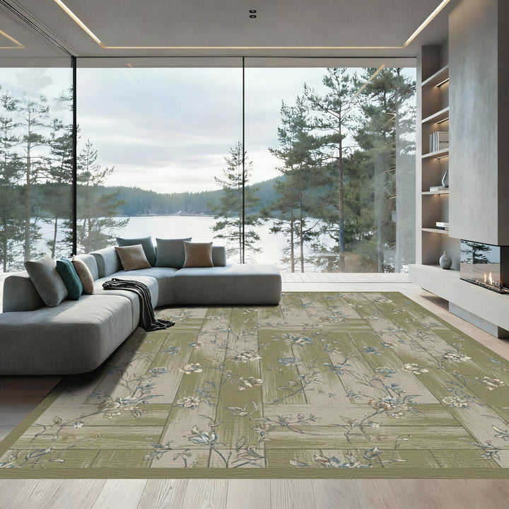 Vintage Green Floral Wood Panel Rug