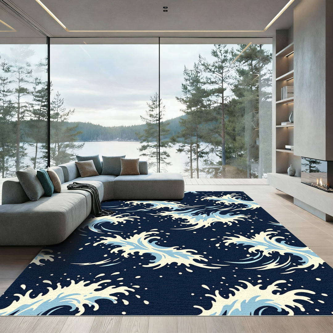 Dynamic Navy Blue Ocean Wave Rug