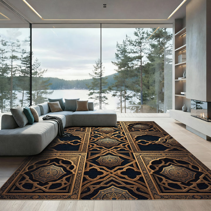 Ornate Gold Arabesque Geometric Rug