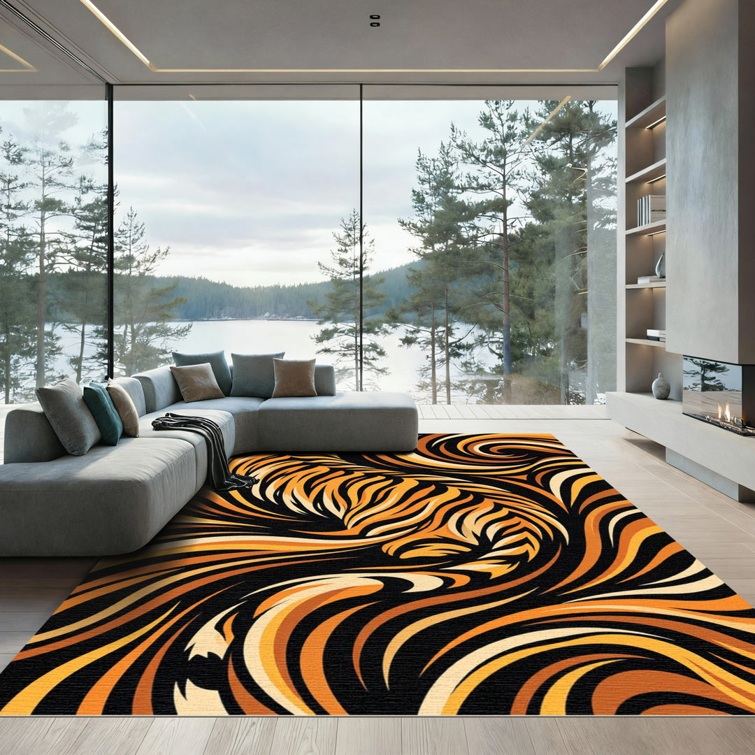 Bold Orange Tiger Swirl Art Rug