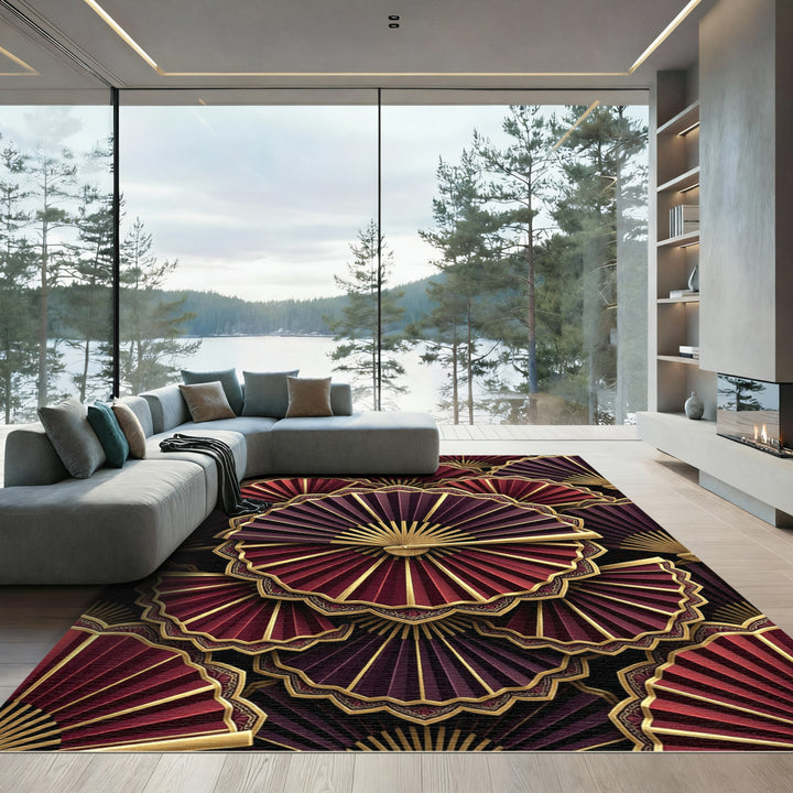 Regal Burgundy Gold Fan Mandala Rug
