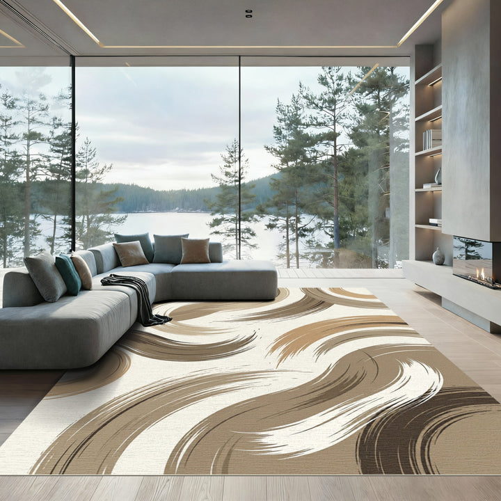Brown Abstract Brushstroke Swirl Rug