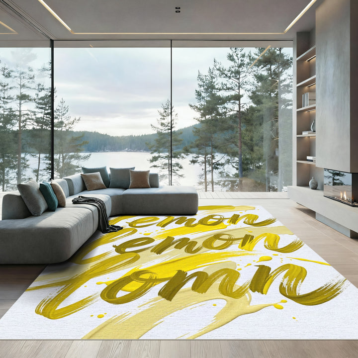 Golden Lemon Calligraphy Brush Strokes Rug