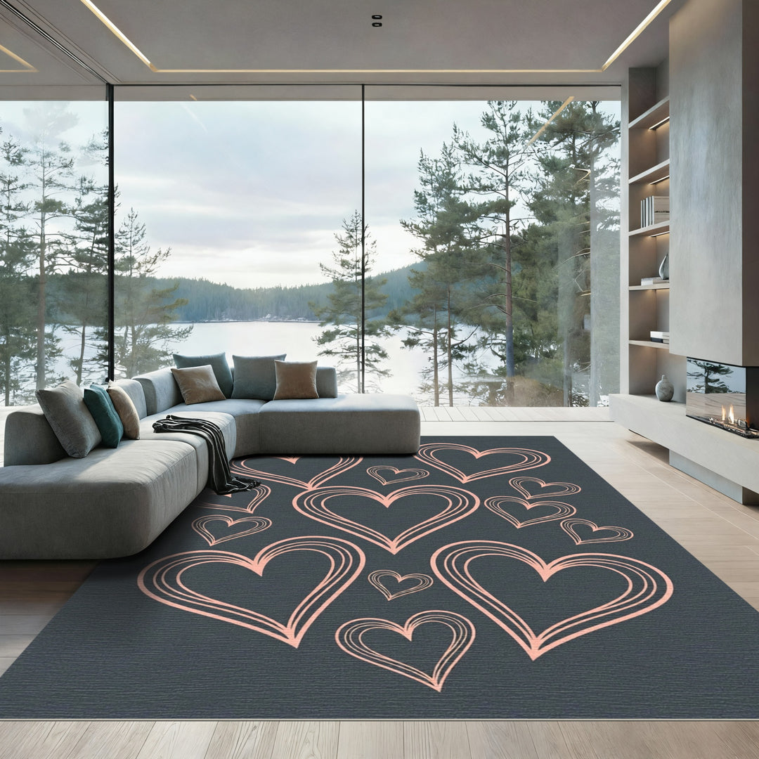 Coral Heart Outline Dark Charcoal Rug