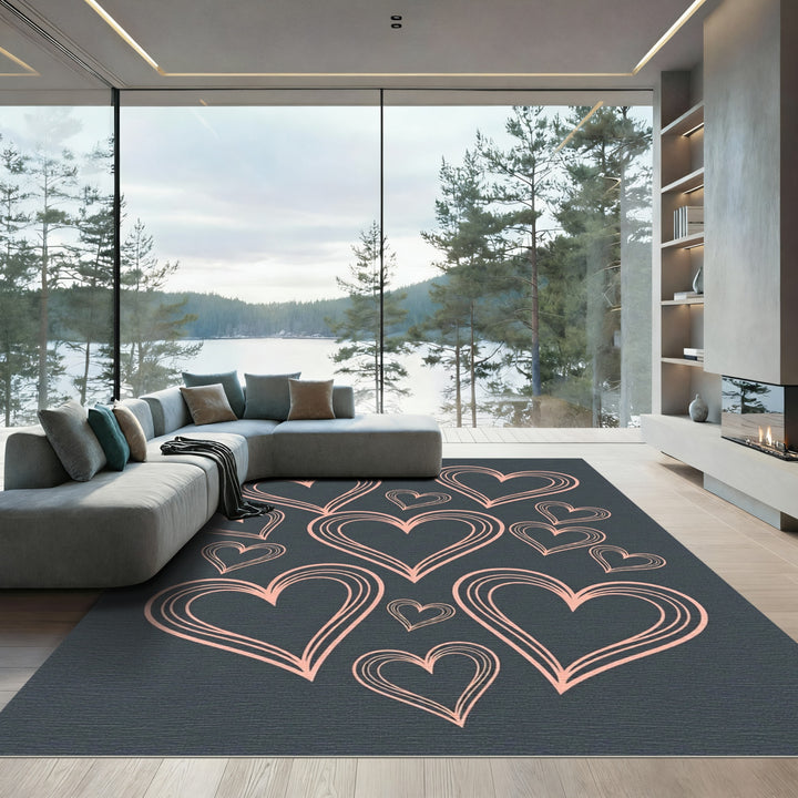Coral Heart Outline Dark Charcoal Rug