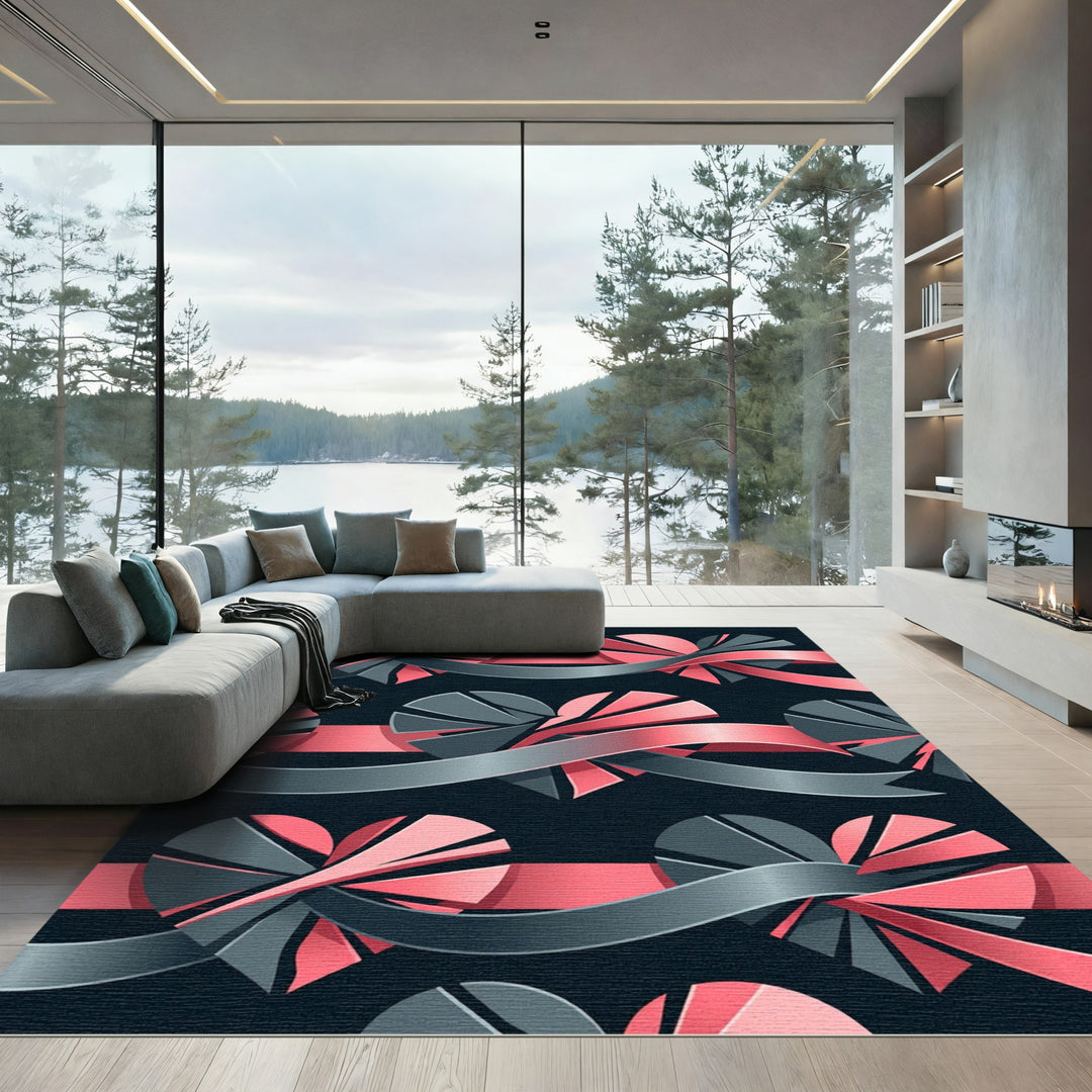 Pink Gray Ribbon Heart Composition Rug