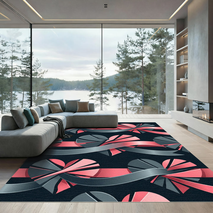 Pink Gray Ribbon Heart Composition Rug