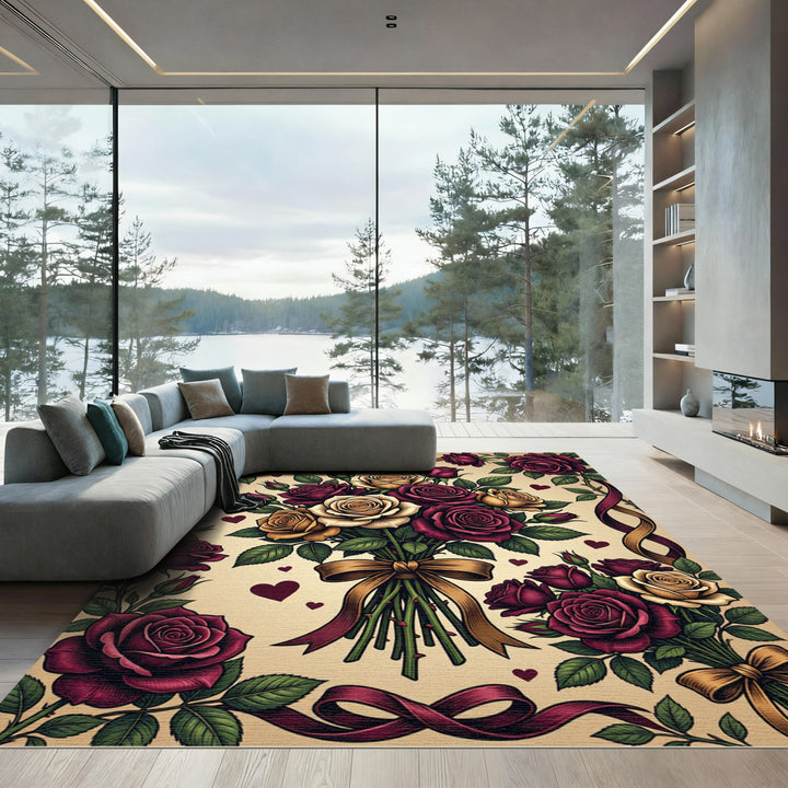 Rich Burgundy Gold Rose Bouquet Rug