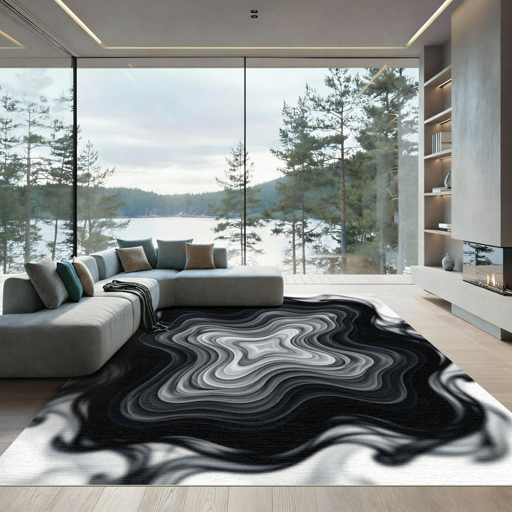 Monochrome Rippled Starburst Abstract Rug